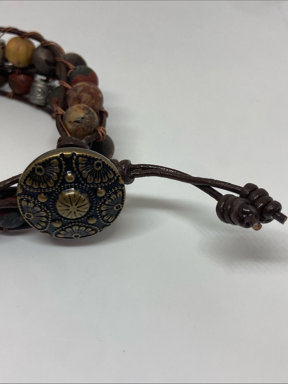 Handmade Multicolor Beaded Wrap Bracelet with Antique Button Closure - Picture 3 of 4